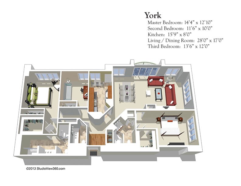 3D floor plan of a York apartment, featuring two bedrooms, a kitchen, and a living/dining area.