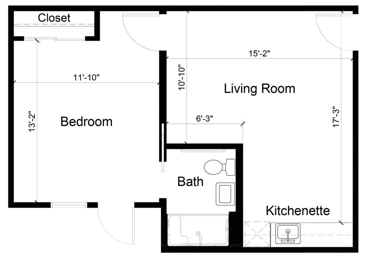 A floor plan showing the layout of an apartment, including a bedroom, living room, kitchen, and bathroom.