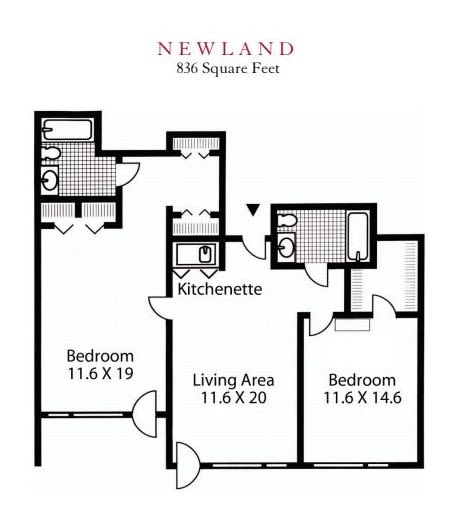 A floor plan of a two-bedroom apartment with a kitchenette and living area.