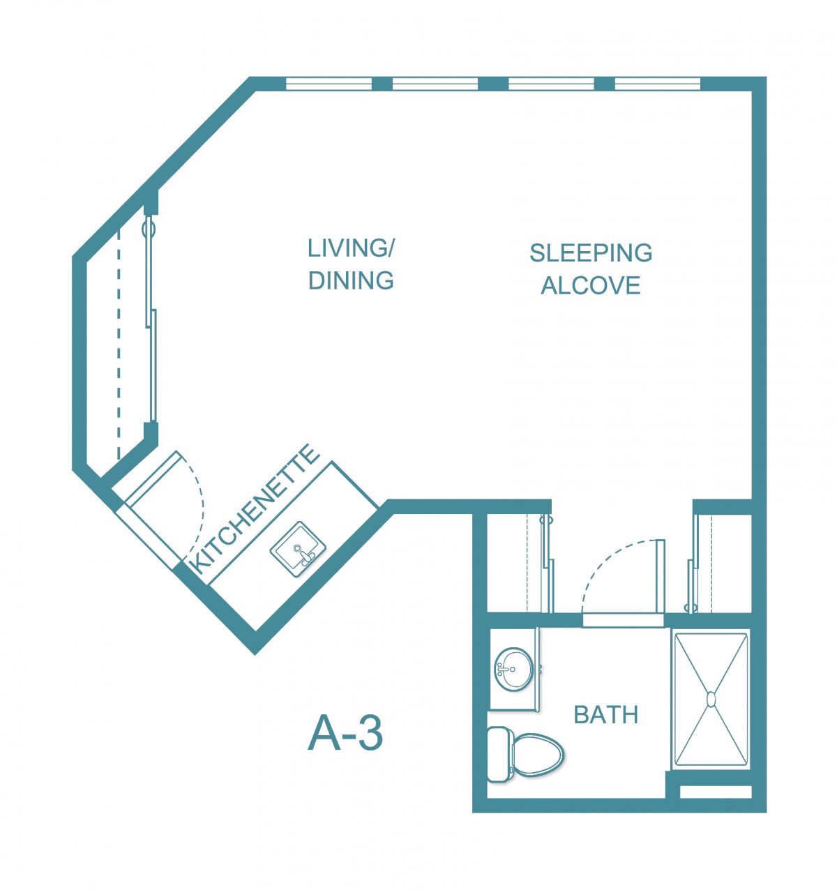 Studio apartment floor plan with living/dining area, sleeping alcove, and bathroom.