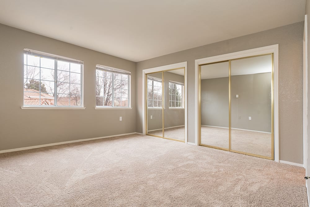 An empty room with carpeted flooring, abundant natural light from large windows, and a mirrored sliding door closet.