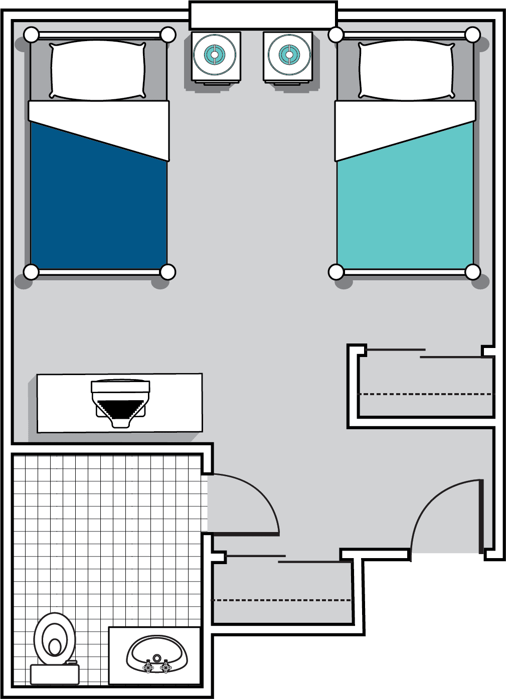 This image is a floor plan of a bedroom featuring two beds, a bathroom, and a small closet area.