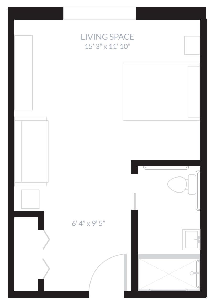 A floor plan of a studio apartment with defined areas for living, sleeping, and a bathroom.