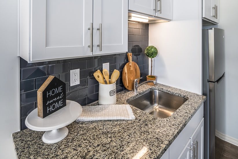 Modern kitchen with granite countertop and stylish decor.