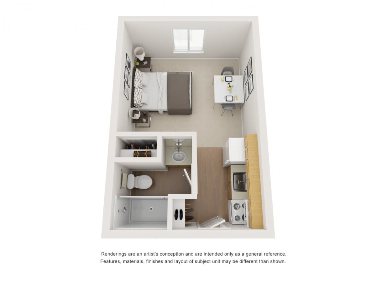 A 3D floor plan of a compact studio apartment featuring a bedroom, kitchenette, and bathroom.