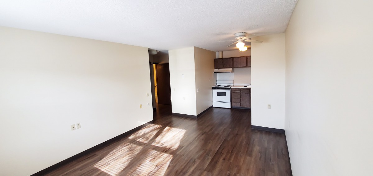 A bright, unfurnished apartment with an open kitchen and living area featuring hardwood floors.