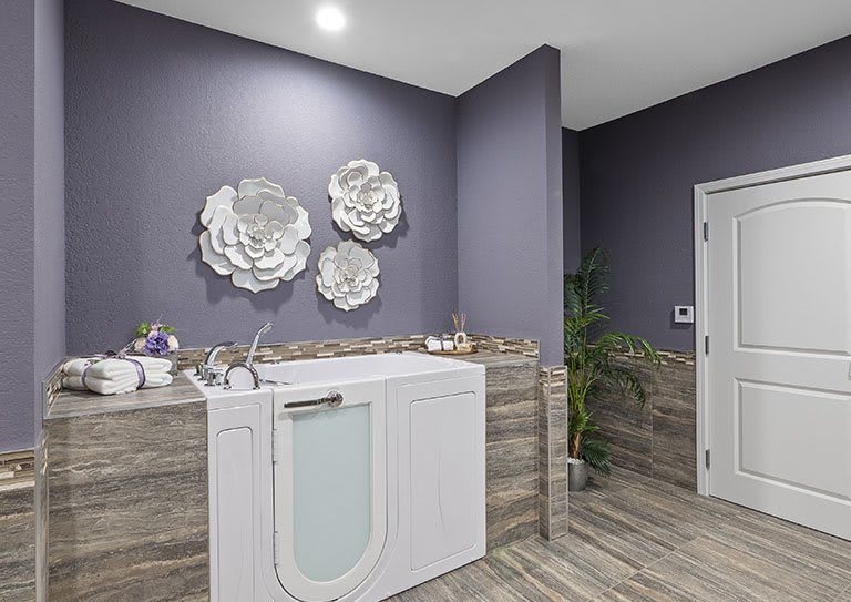A modern bathroom featuring a walk-in bathtub, adorned with gray walls and floral decor.