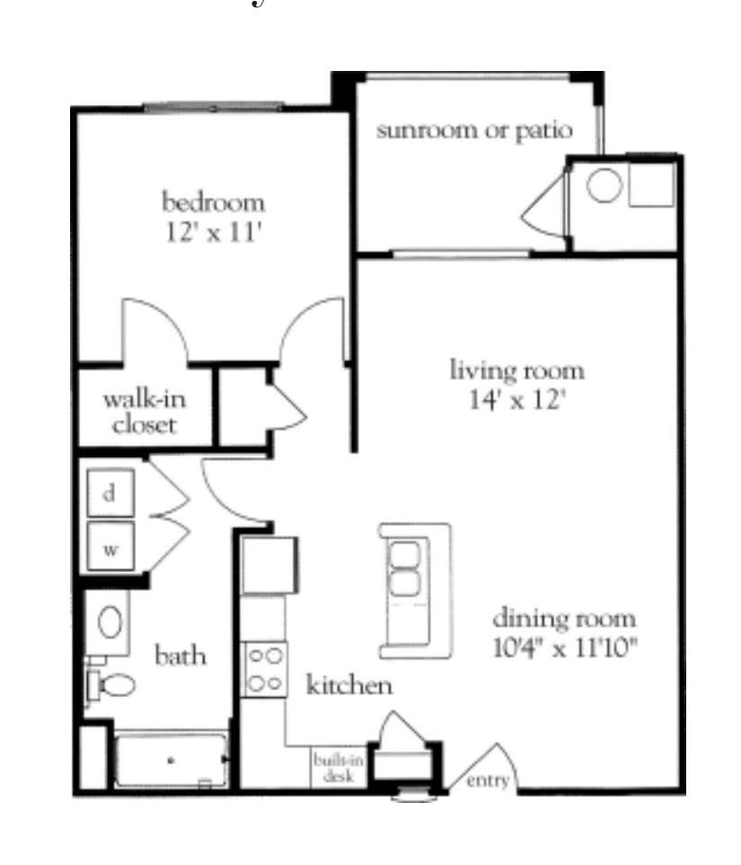 This is a floor plan of a one-bedroom apartment, including a living room, kitchen, dining room, bathroom, walk-in closet, and patio or sunroom.