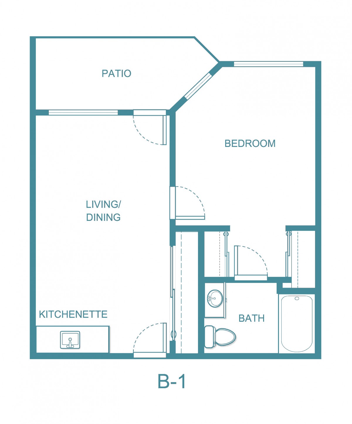 A floor plan of a one-bedroom apartment featuring a kitchenette, living/dining area, bathroom, bedroom, and patio.
