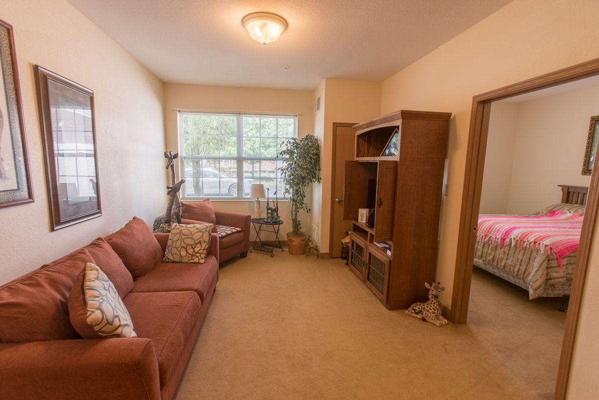 Cozy living room with a sofa, bookshelf, and a large window.