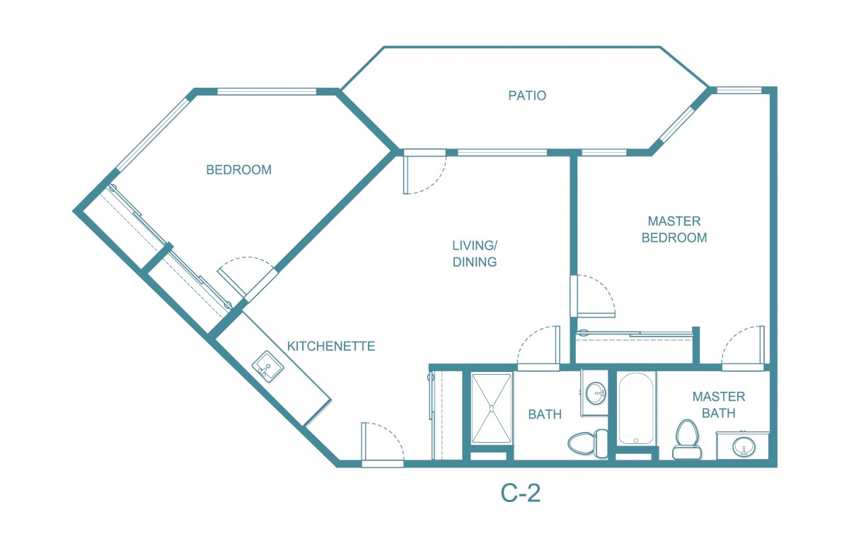 A blueprint layout of an apartment, showing various rooms and spaces.
