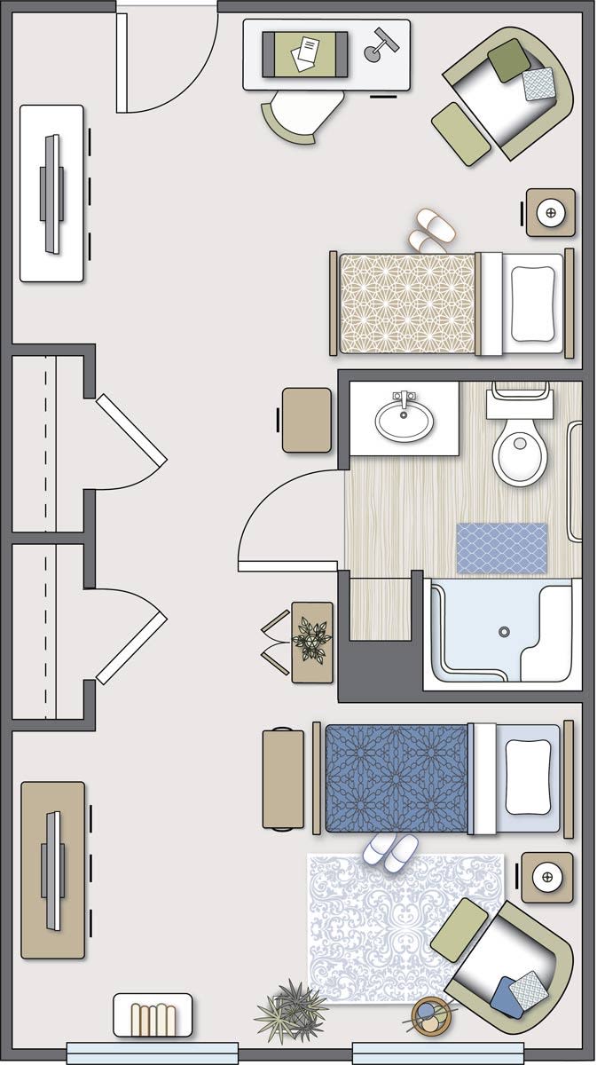 A simple floor plan depicting a small apartment with two bedrooms and a bathroom.