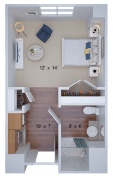 A compact apartment floor plan featuring a bedroom, bathroom, living area, and kitchen.