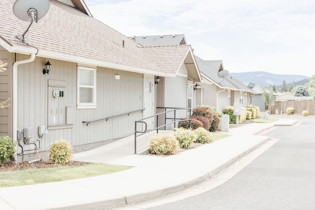 A row of suburban houses with a clean sidewalk and well-maintained landscaping.