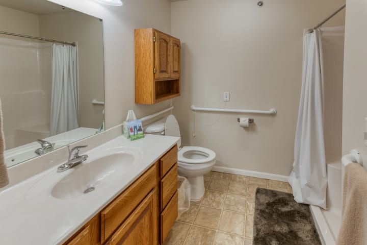 A clean and organized bathroom featuring a sink, toilet, shower, and wooden cabinets.