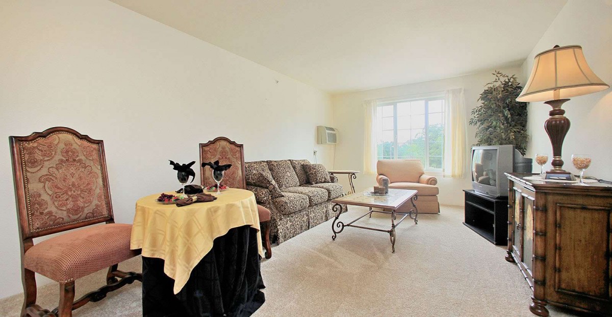 A cozy living room with a patterned sofa, armchair, coffee table, and large window.