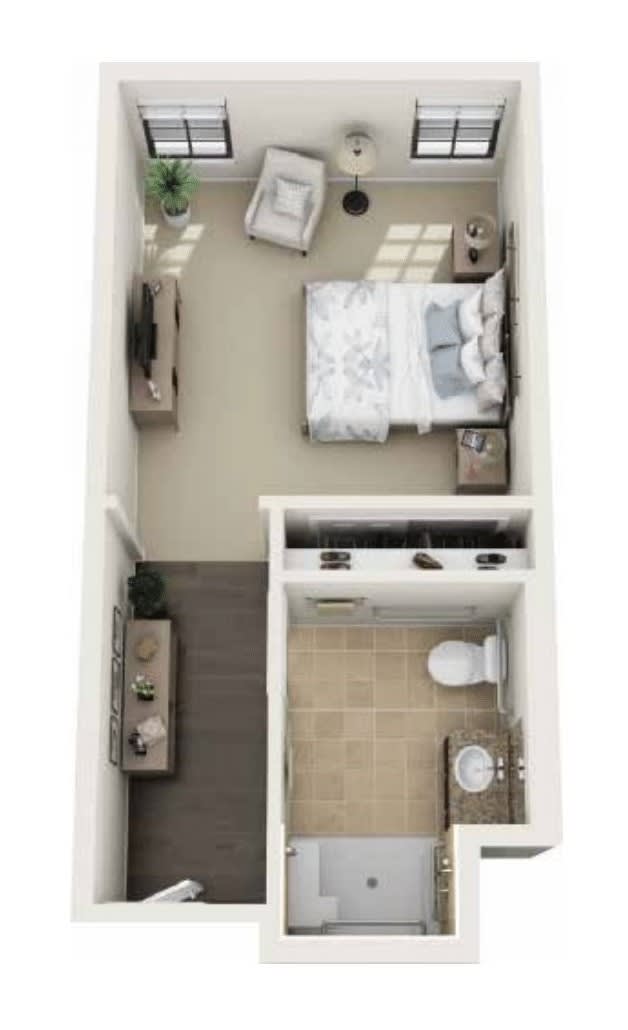 A compact apartment floor plan featuring a bedroom and bathroom.