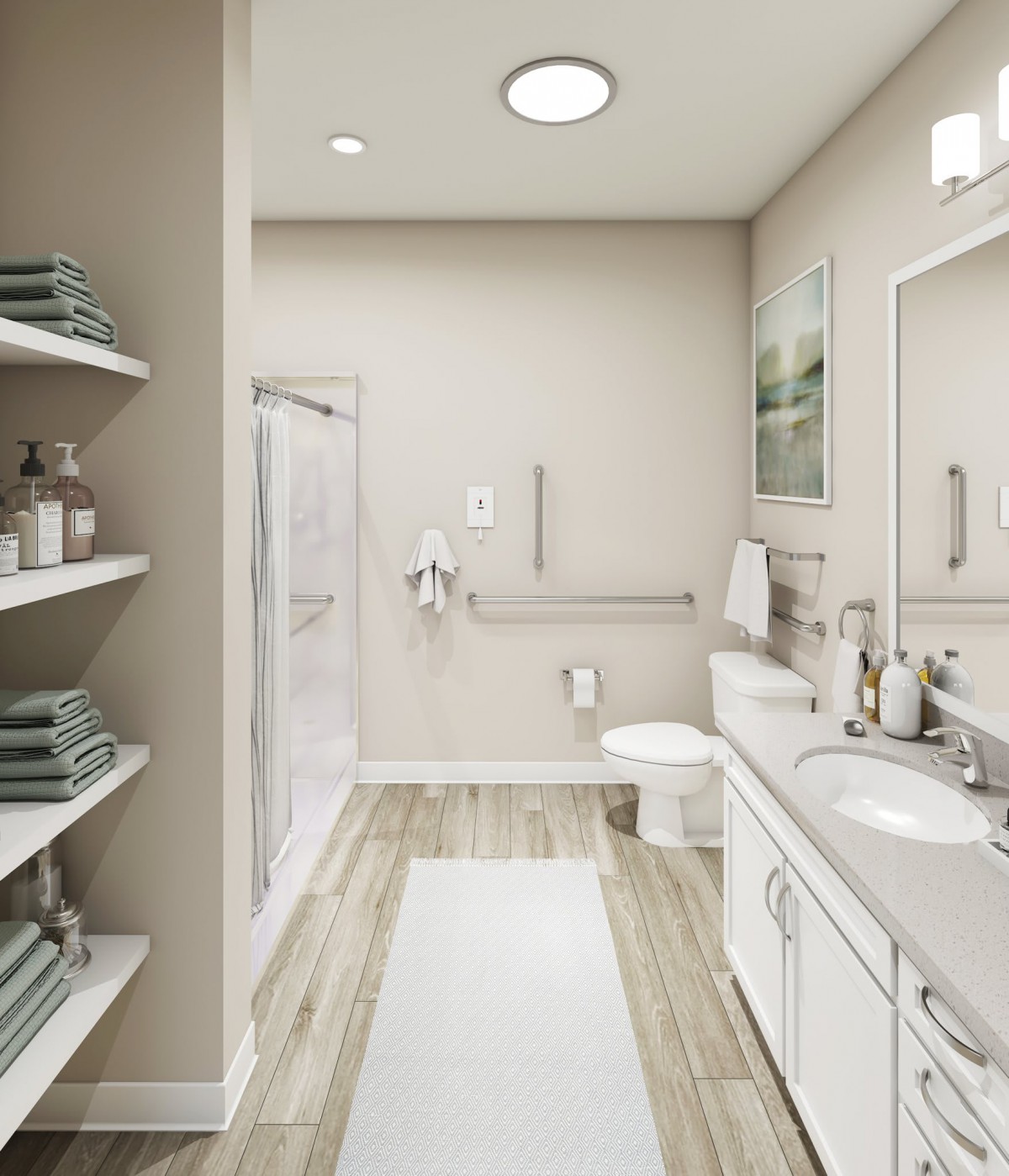 A modern bathroom with a shower, double sinks, and neatly organized shelves.
