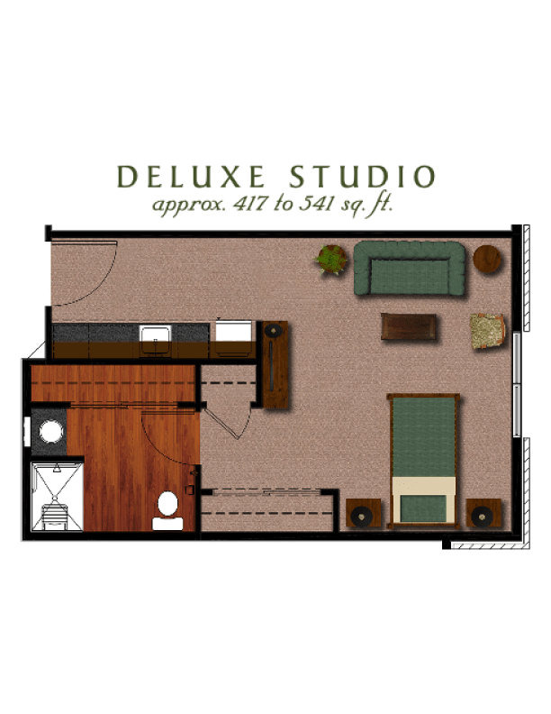 Deluxe studio apartment floor plan with an approximate area of 472 to 541 sq ft.