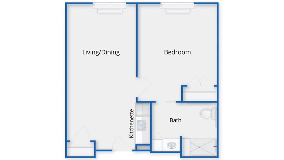 A floor plan of a one-bedroom apartment with a living/dining area, kitchen, and bathroom.