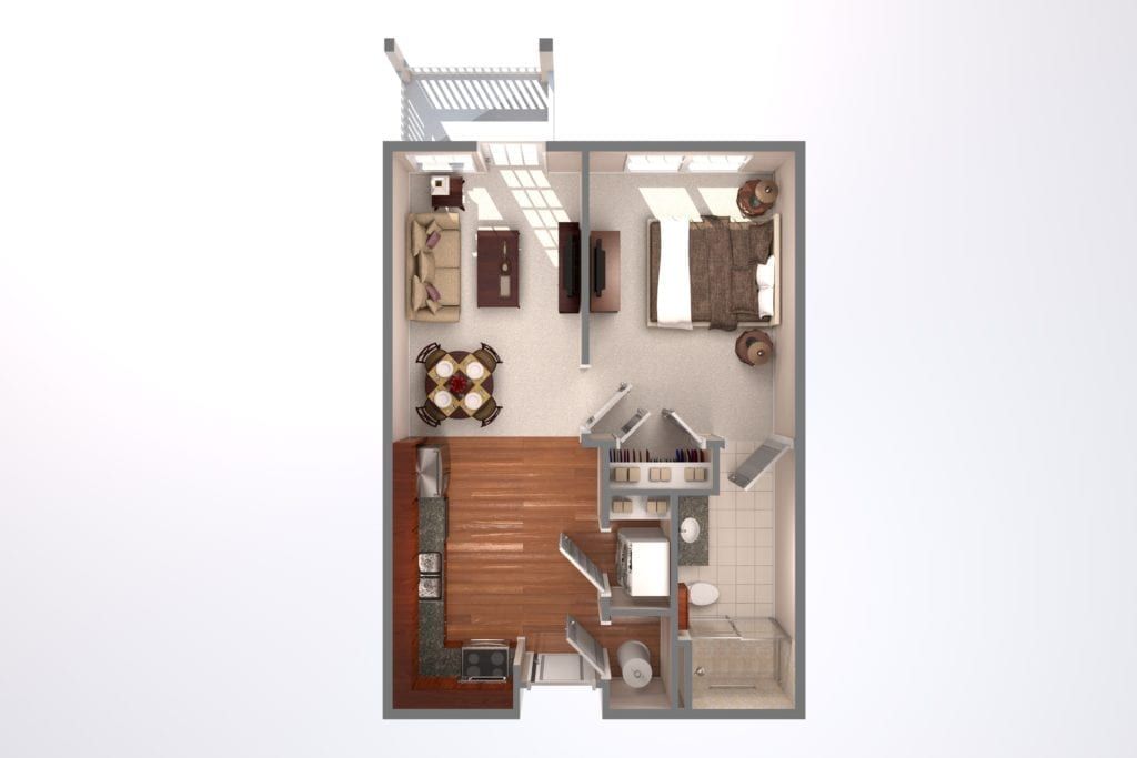 A detailed floor plan of a compact one-bedroom apartment featuring a living room, kitchen, dining area, bathroom, and balcony.