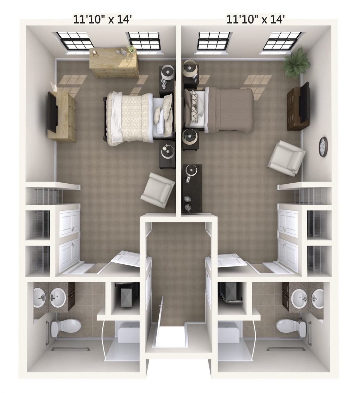 A floor plan of a two-bedroom apartment with shared bathrooms and furnished living spaces.