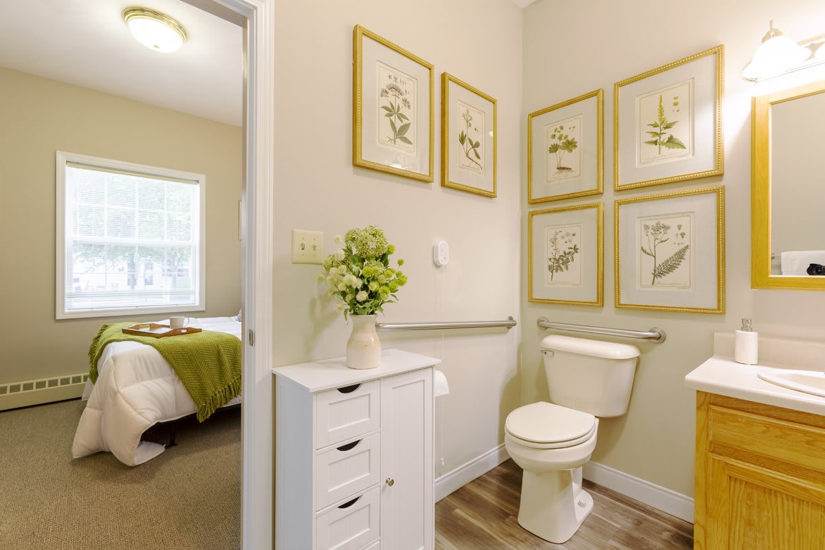 A neatly decorated bathroom with framed botanical art, featuring a white cabinet and green accents.