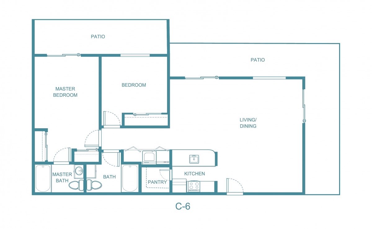 A detailed floor plan of an apartment including a bedroom, living room, kitchen, and bathroom.