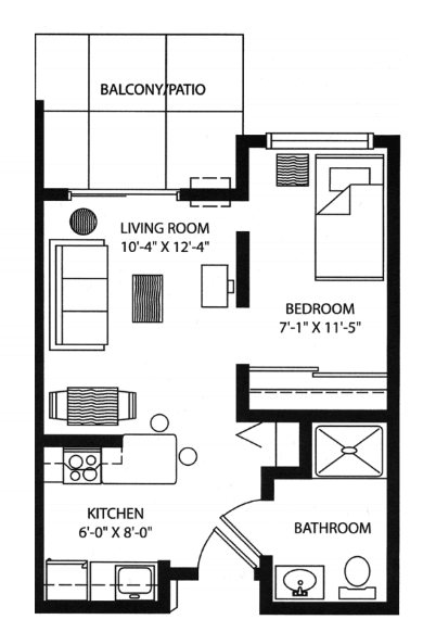 A floor plan of a one-bedroom apartment featuring a living room, kitchen, and bathroom.