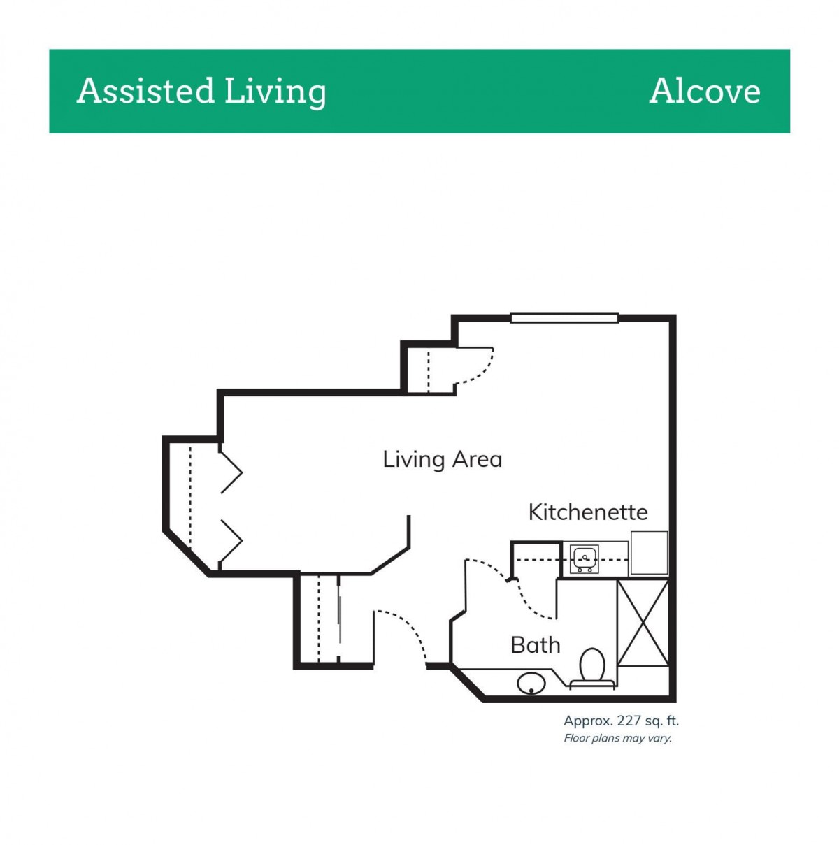 Floor plan of an assisted living alcove unit featuring a living area, kitchenette, and bathroom.