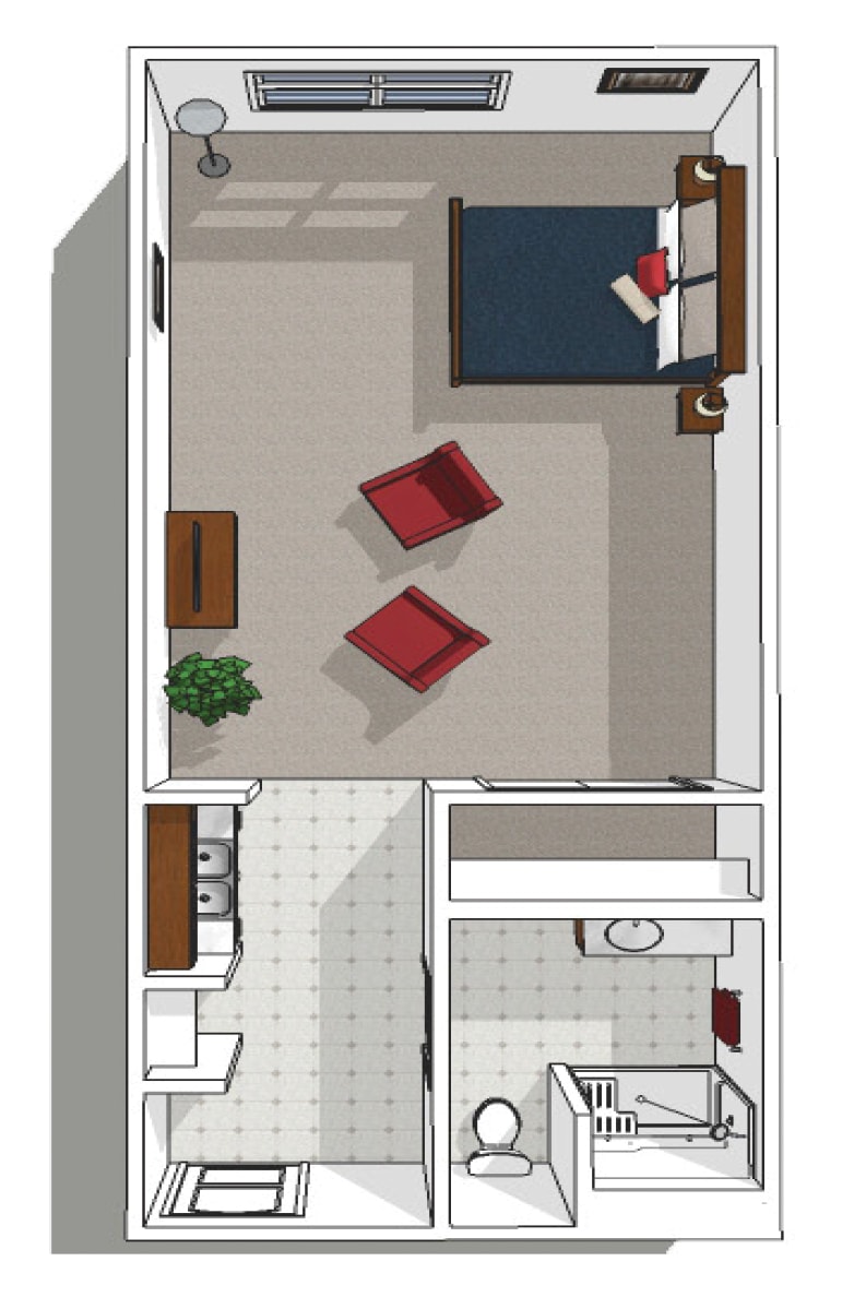 A detailed floor plan depicting a bedroom and living area with furniture layout.