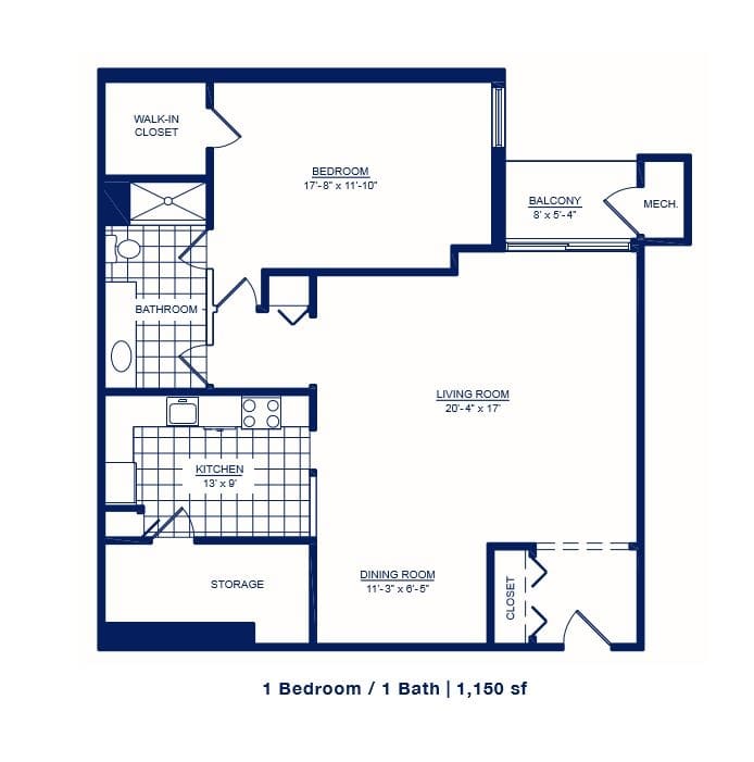 Floor plan of a 1-bedroom, 1-bath apartment.