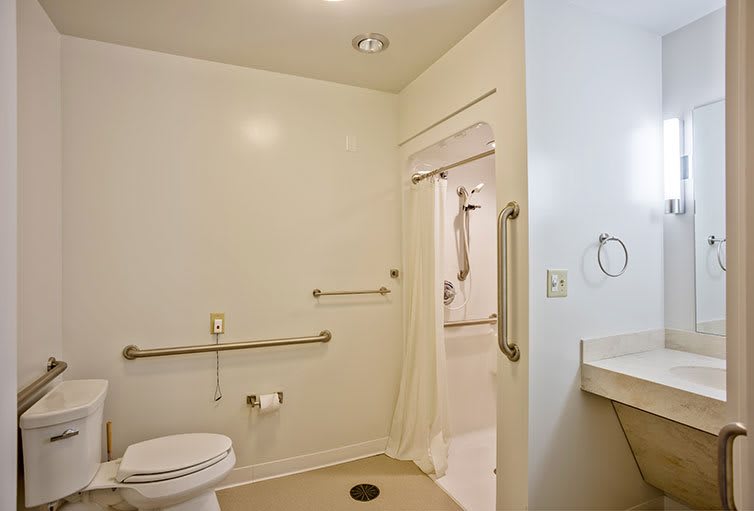 An accessible bathroom with grab bars, a shower area, toilet, and sink.