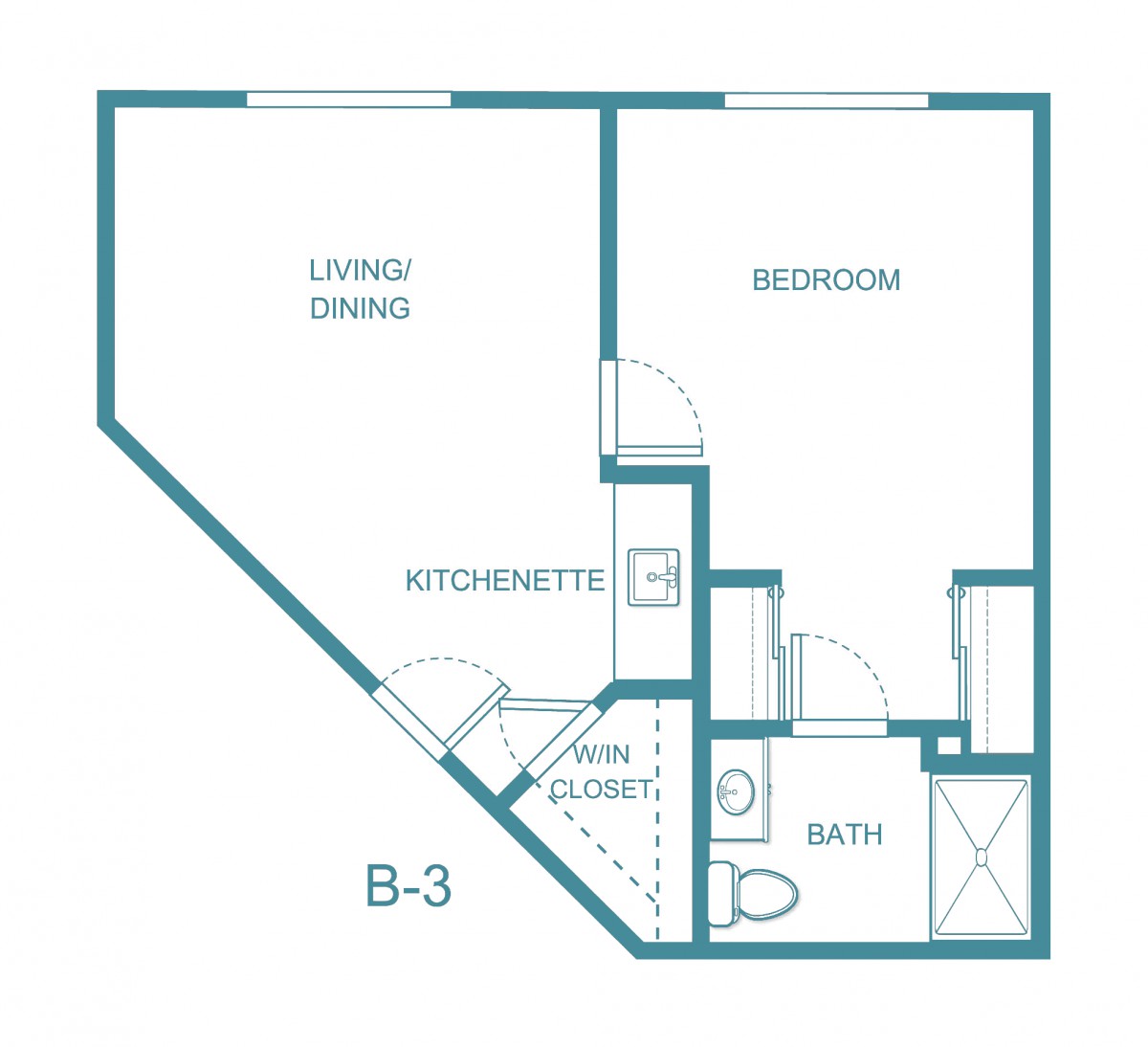 One-bedroom apartment floor plan with living/dining area, kitchenette, and bathroom.