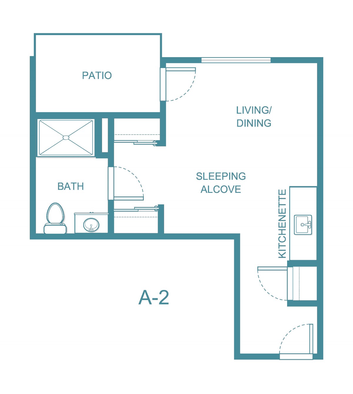 A compact studio apartment floor plan with a patio, living/dining area, kitchenette, bathroom, and sleeping alcove.