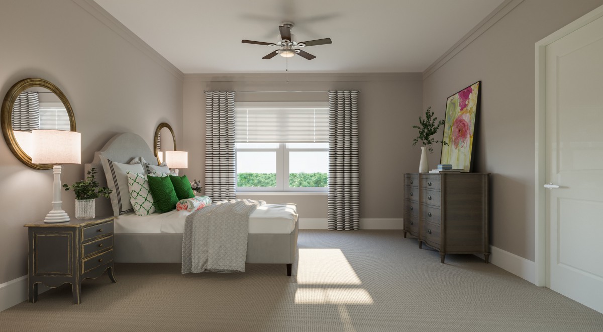 A modern and minimalist bedroom with ample natural light.