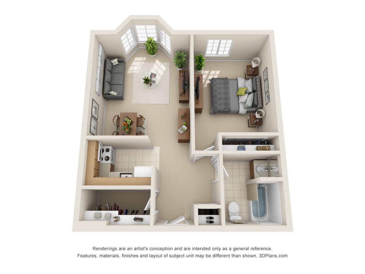 A 3D floor plan of a one-bedroom apartment featuring a living room, kitchen, bathroom, and bedroom.