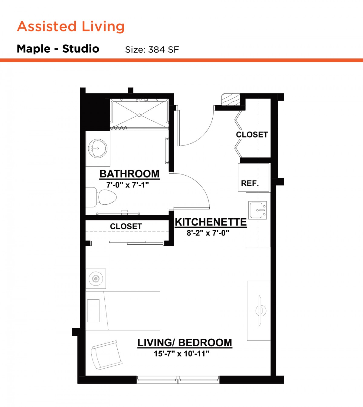 Floor plan of a studio apartment for assisted living, featuring a living/bedroom area, bathroom, kitchen, and closets.