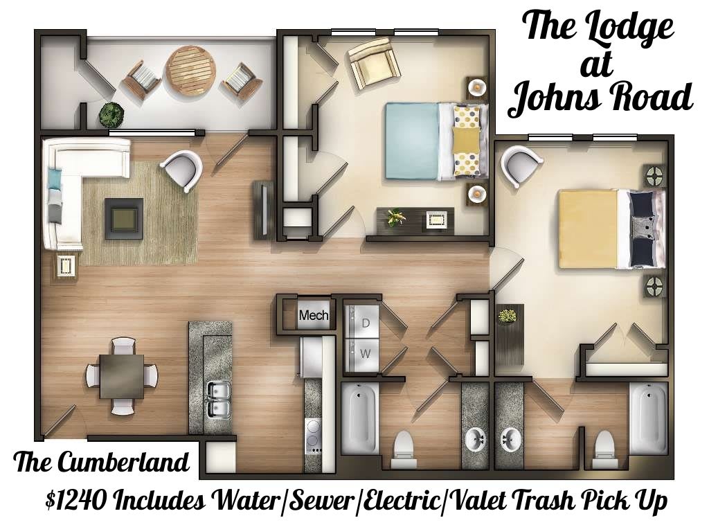 Floor plan of a two-bedroom apartment at The Lofts at Johns Creek, highlighting the layout and included utilities.