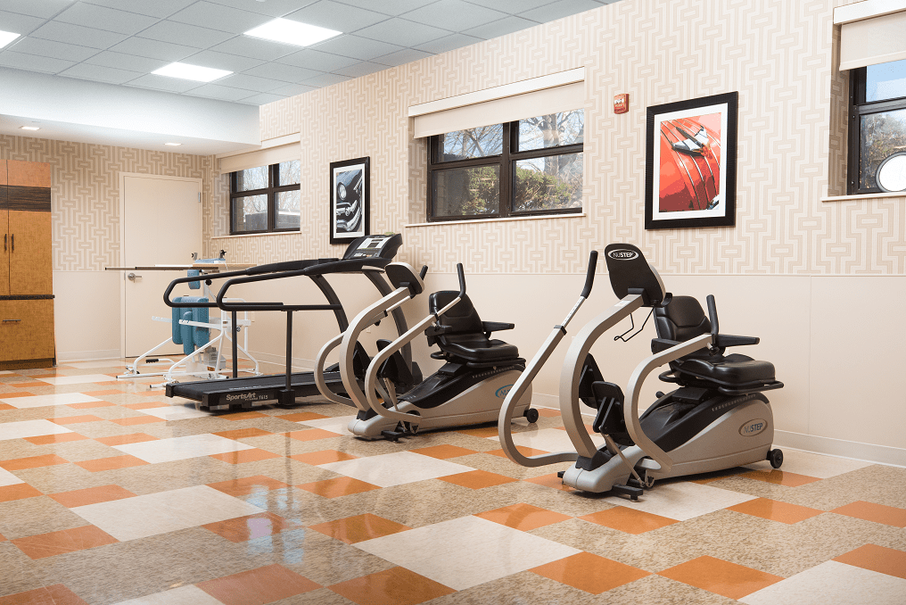 A gym featuring treadmills and elliptical machines.