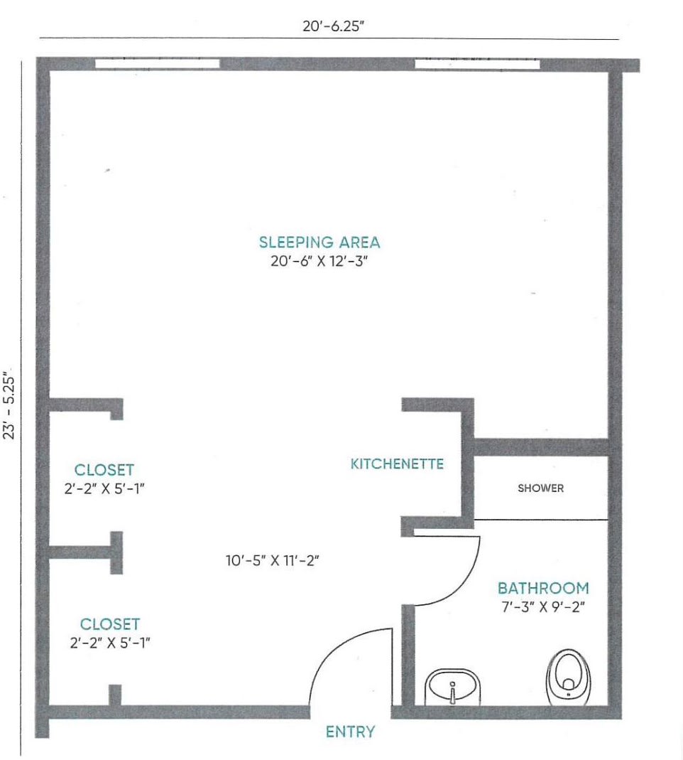 Floor plan of a studio apartment with designated areas for living, kitchen, bathroom, and closets.