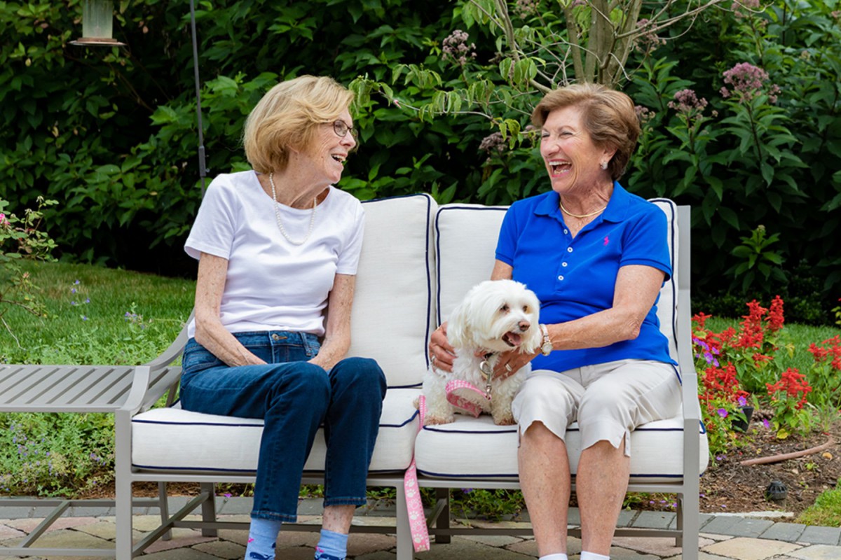 Two elderly women enjoying a conversation on a bench with a small dog.