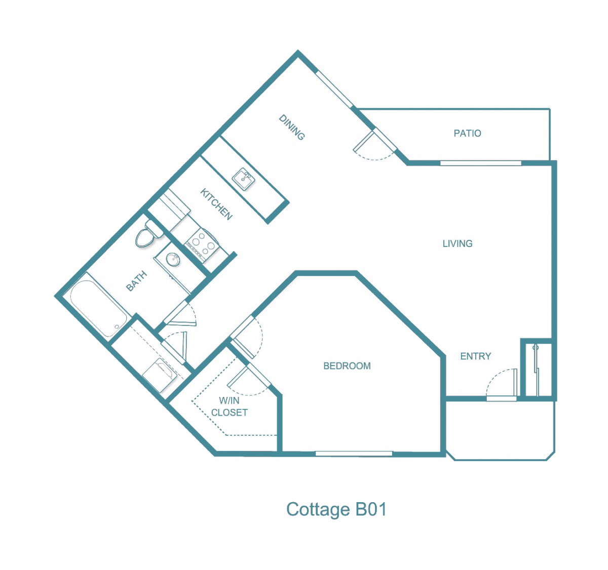 This is a floor plan illustration of Cottage 001, showing the layout and room arrangement.