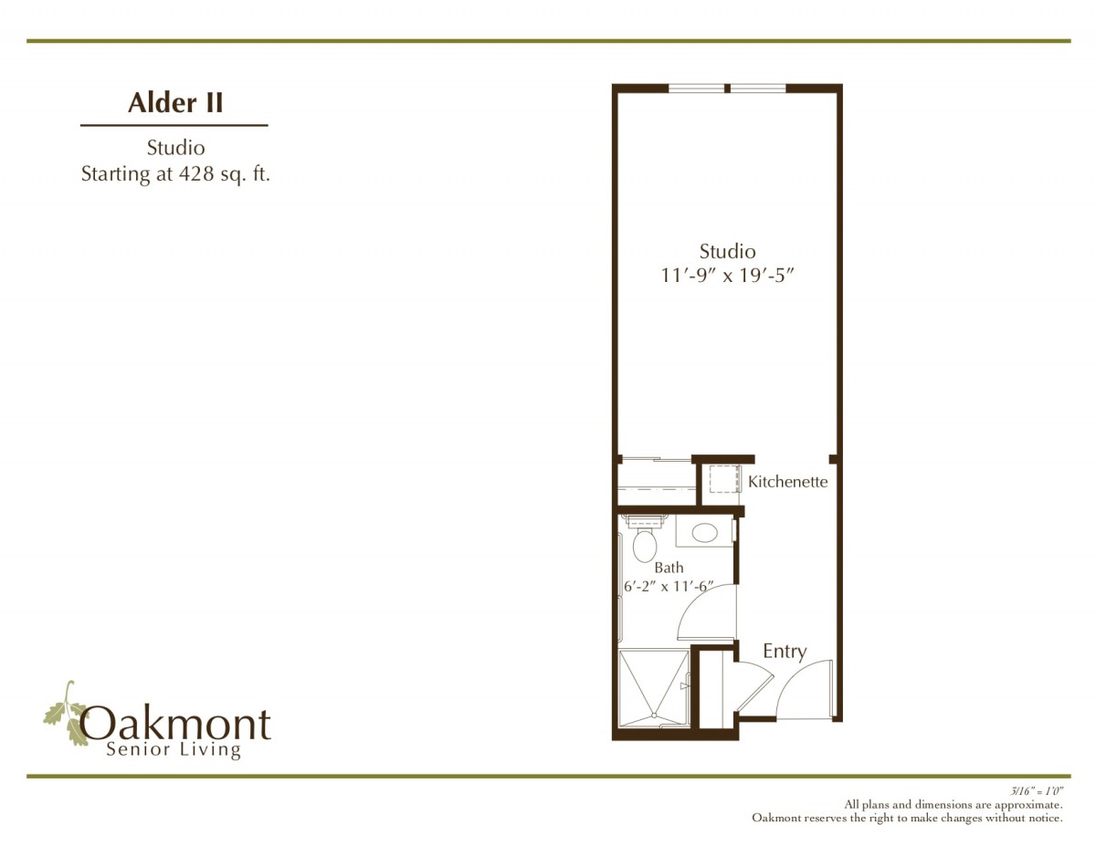 Studio apartment floor plan, showing layout and dimensions.