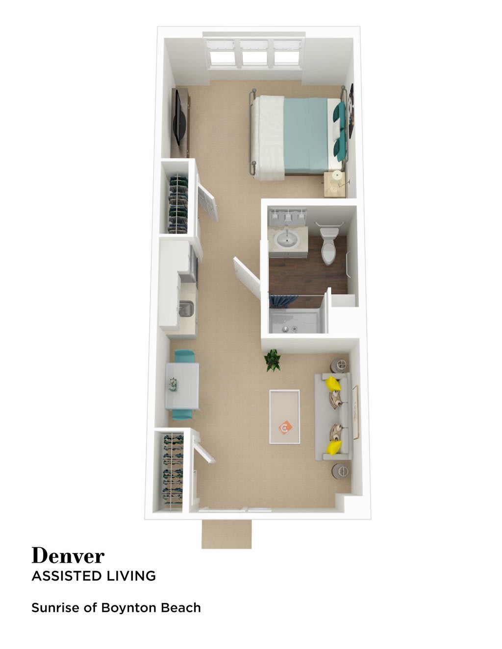 A top-down view of a compact one-bedroom apartment floor plan, featuring a bedroom, bathroom, living area, and kitchen.