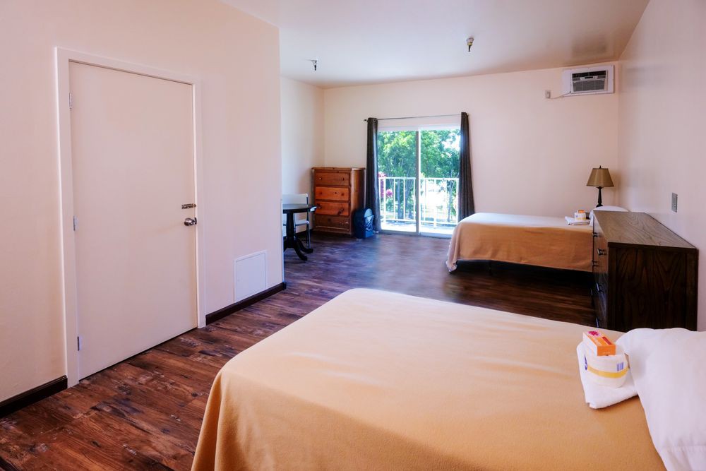 A spacious bedroom with two beds, wooden flooring, and ample natural light through a large window.