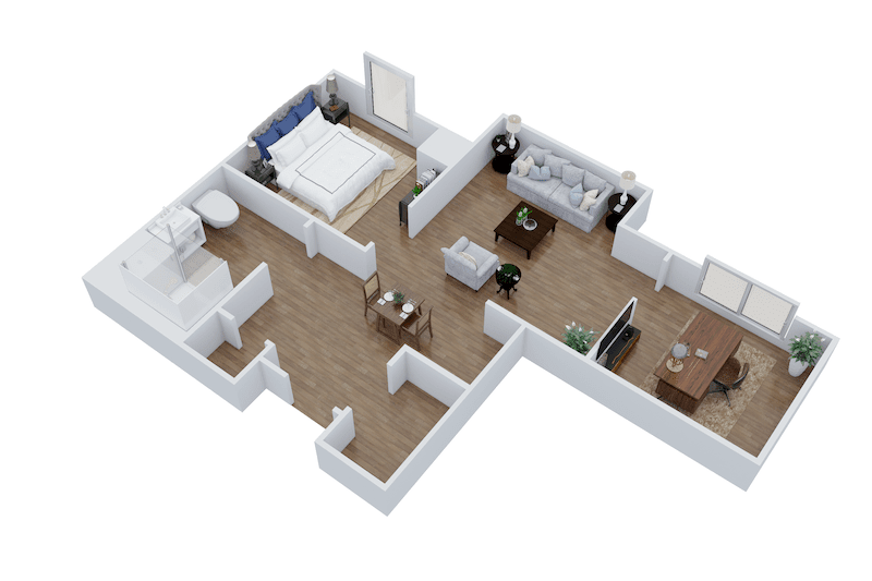 3D floor plan of a one-bedroom apartment.