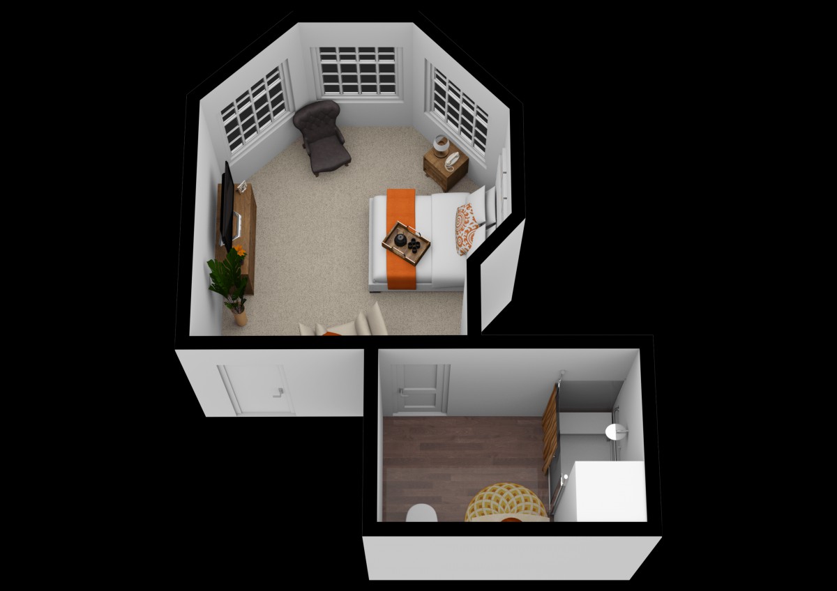 A 3D floor plan of a compact bedroom featuring a bed, chair, and storage unit.