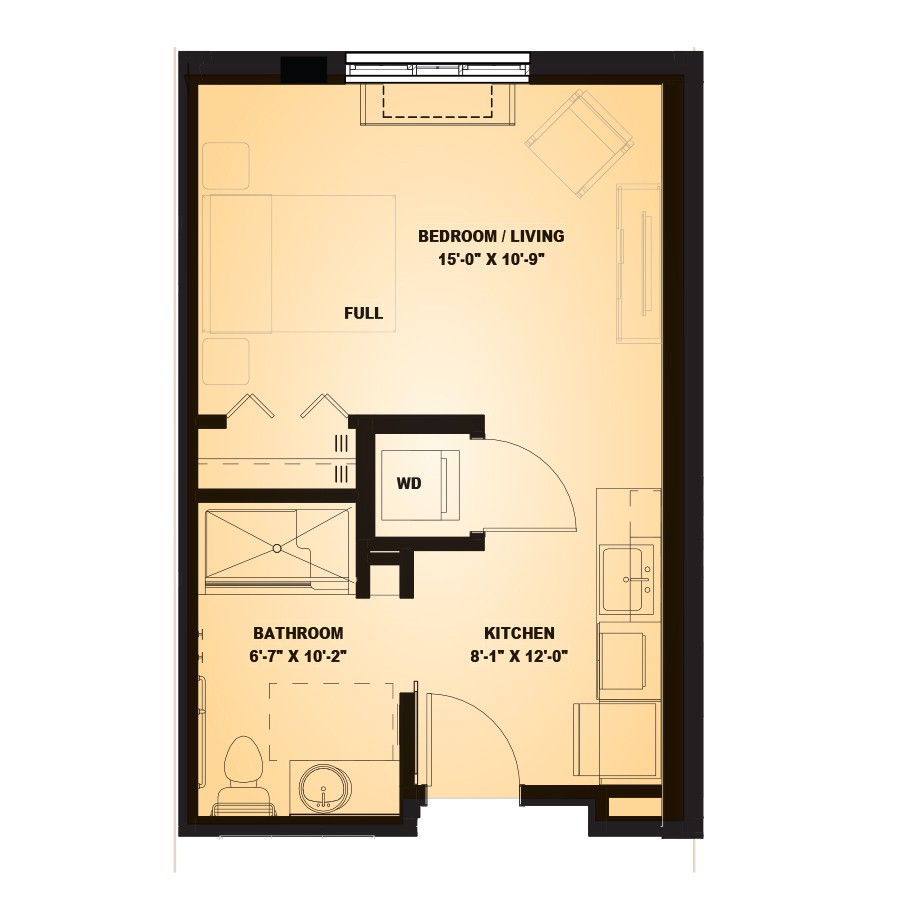 A studio apartment floor plan featuring a combined living and sleeping area, kitchen, and bathroom.