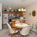 Cozy kitchen and dining area with wooden cabinets, a round table with chairs, and homey decor.